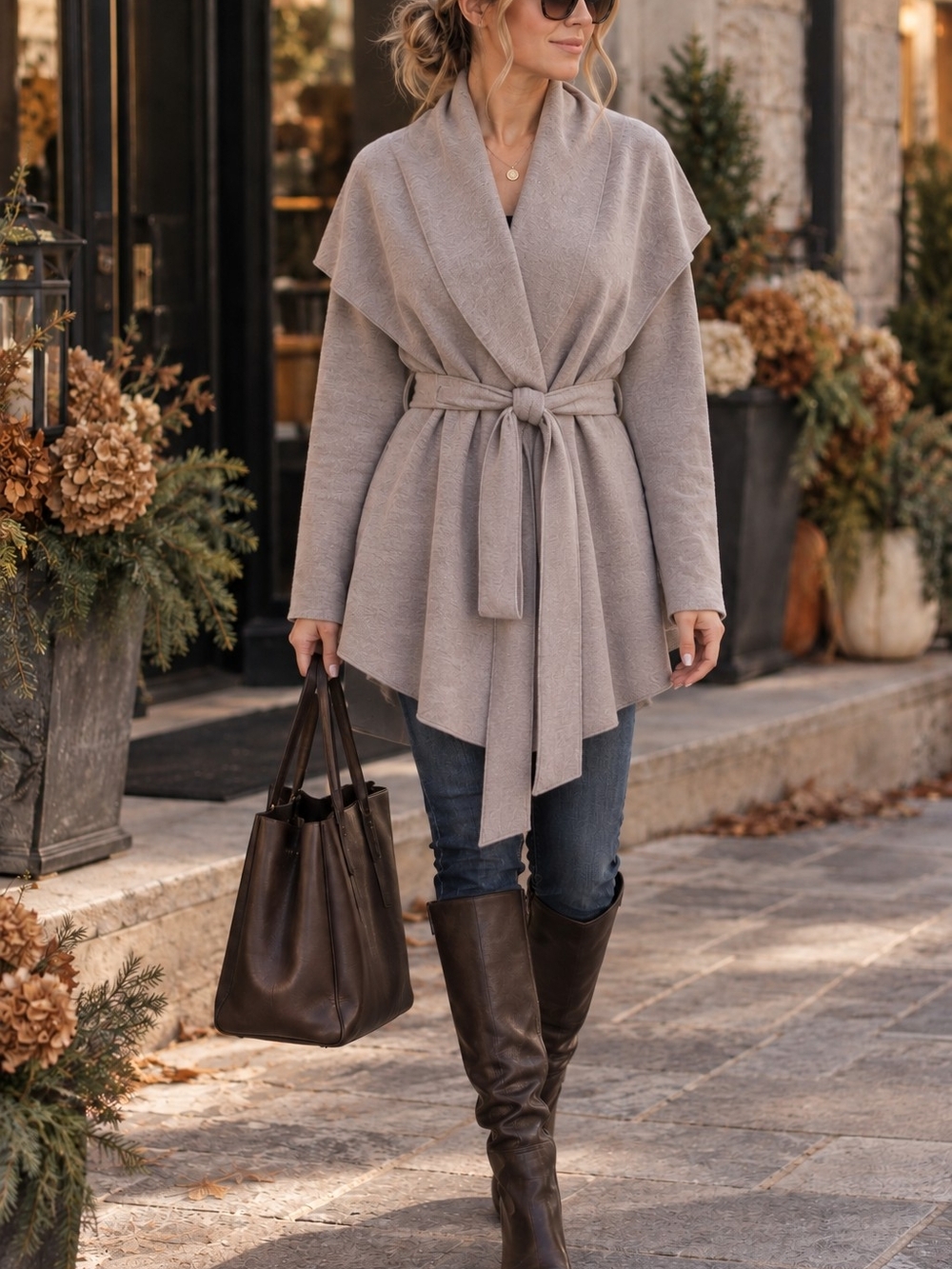 Shawl-Collar Tie-Waist Cardigan Sweater - Taupe
